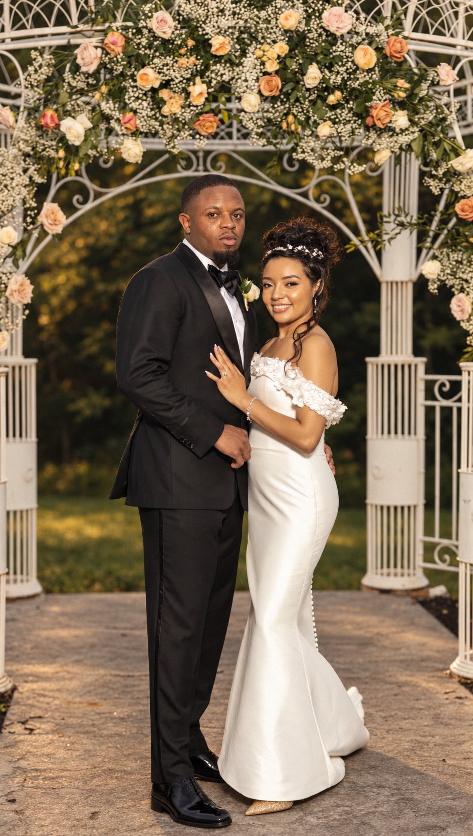 Couple in black tie under a floral gazebo