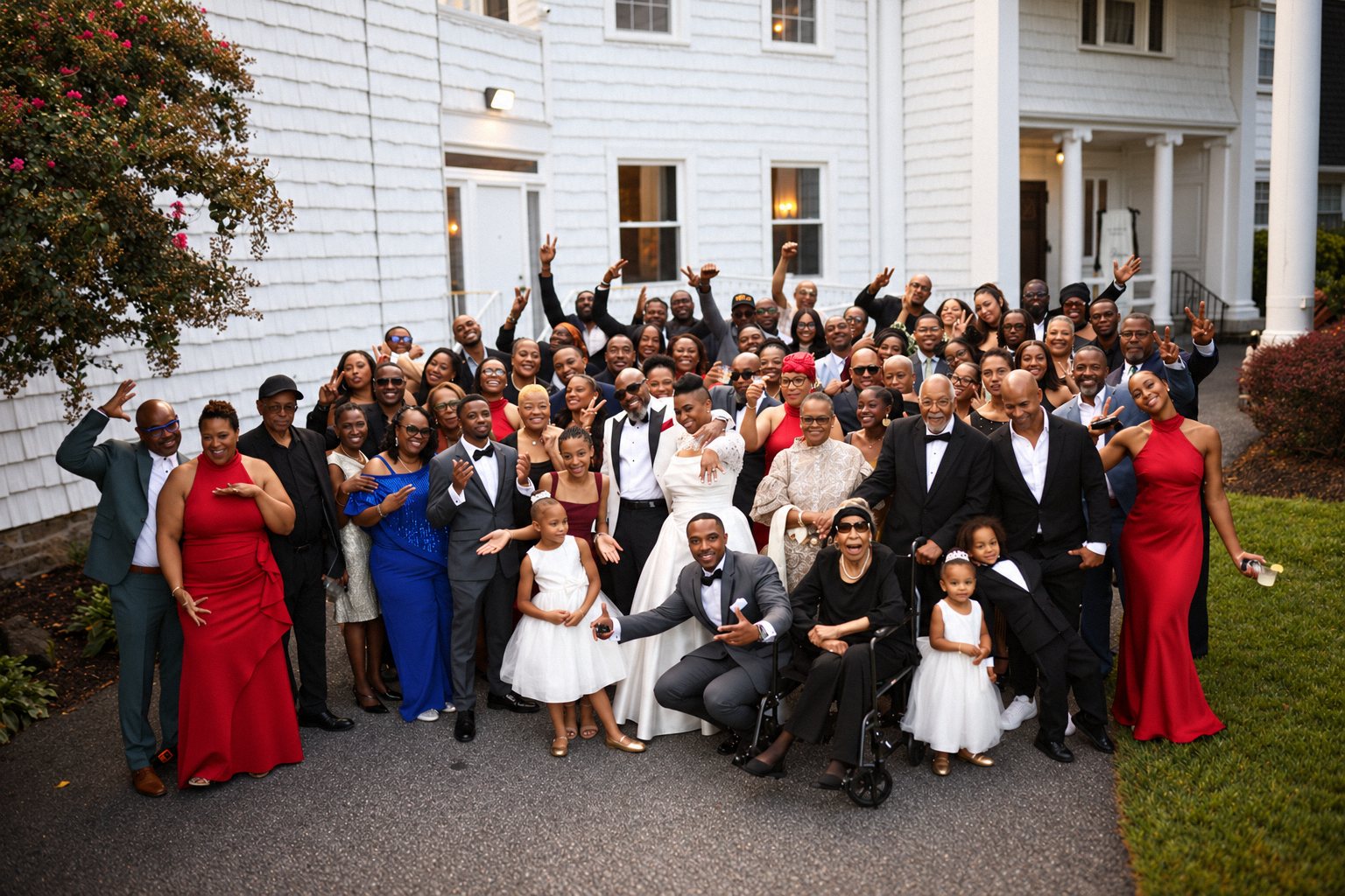 Wedding guests cheering in a large group photo outside the venue