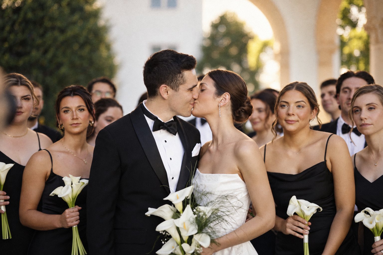 Couple kissing in front of bridesmaids holding calla lilies