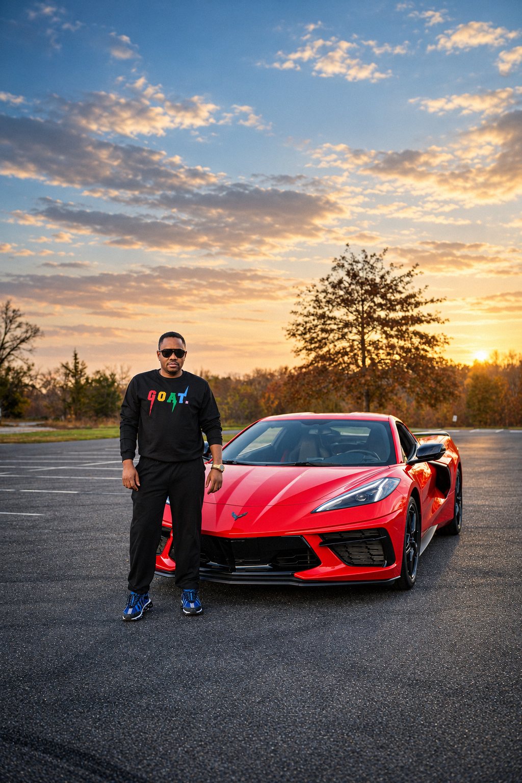 Man standing beside a red Corvette at sunset