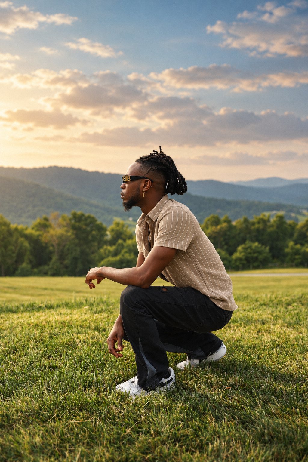 Man in profile crouched in a field with rolling mountains behind