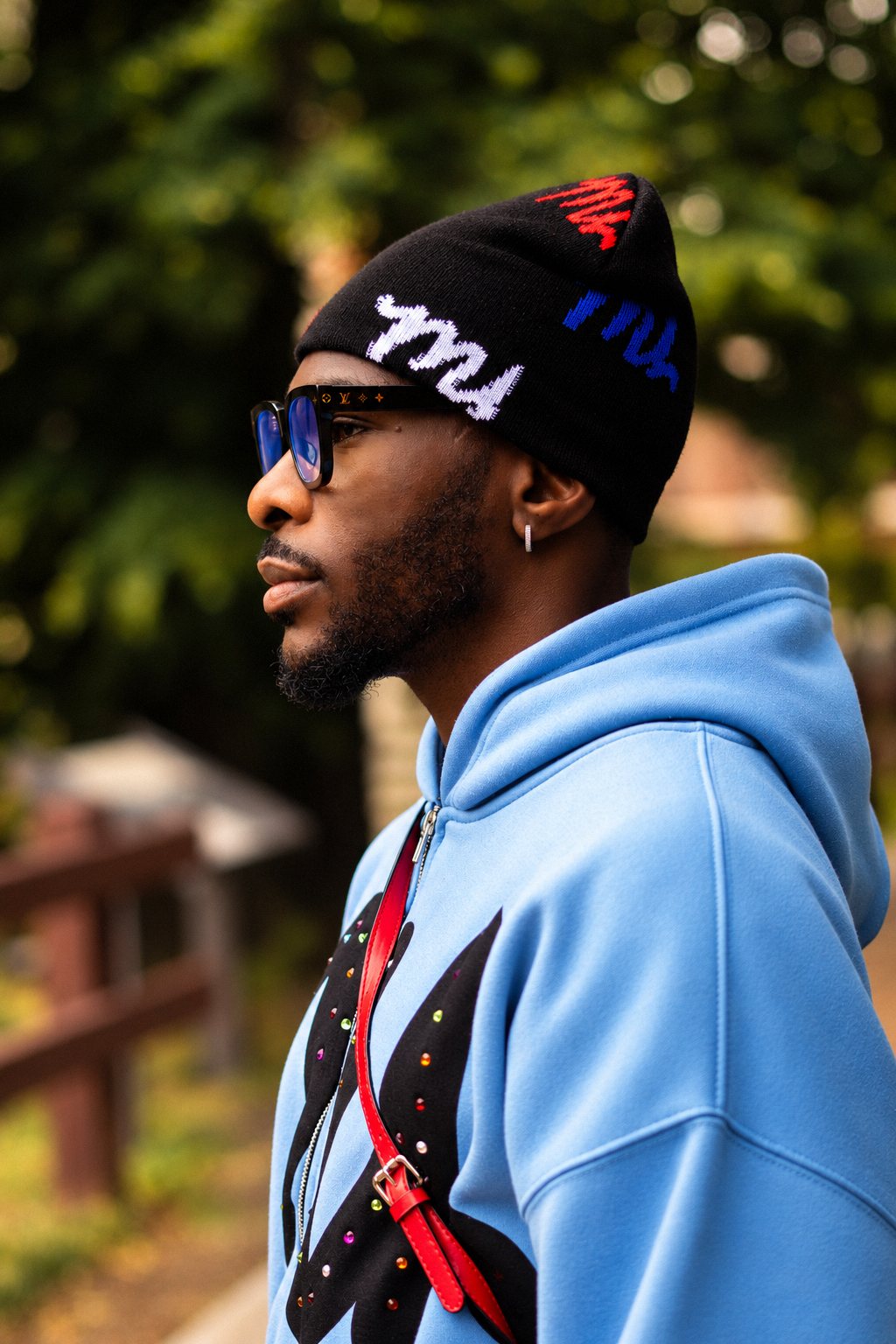 Side profile in a patterned beanie and tinted glasses