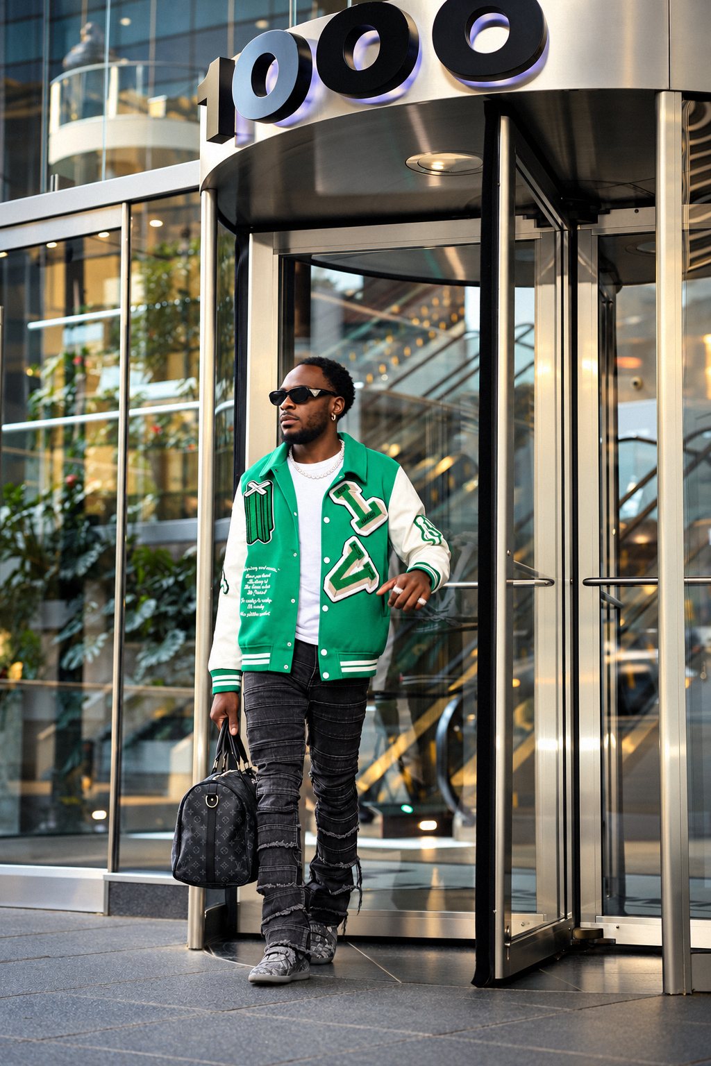 Man in a green varsity jacket stepping out of a revolving door
