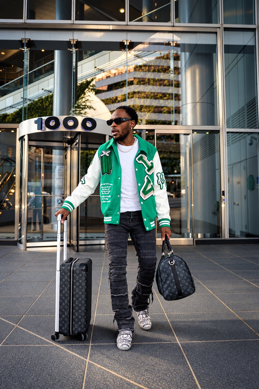 Man in a varsity jacket walking with a rolling suitcase and duffel