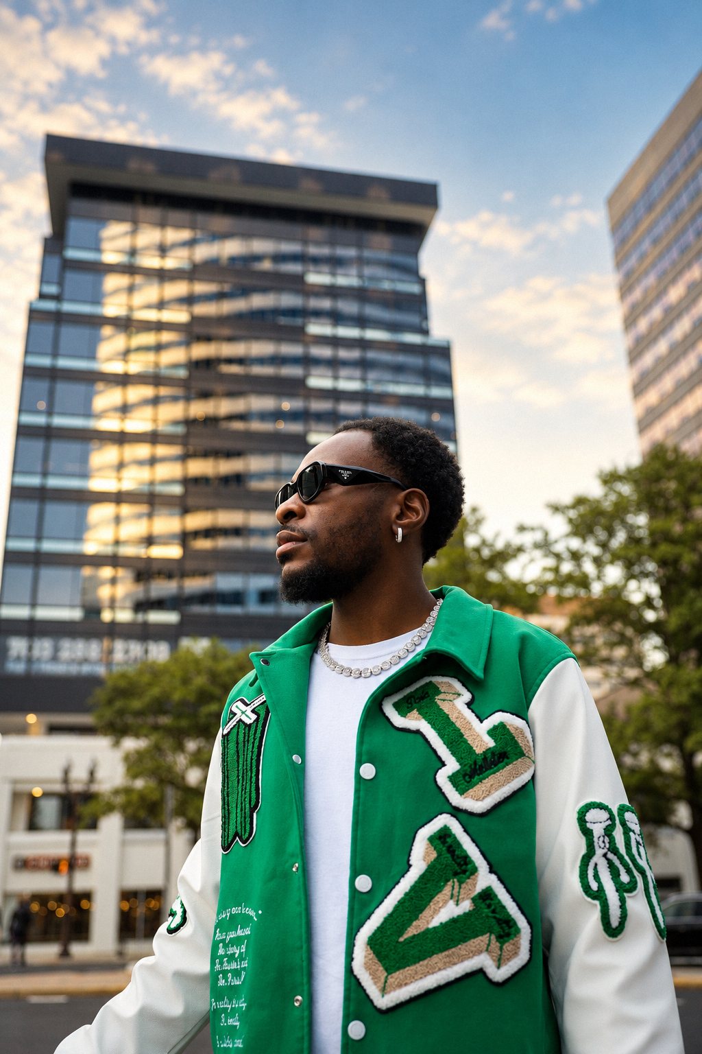 Man in a green varsity jacket looking up beside a glass tower at golden hour