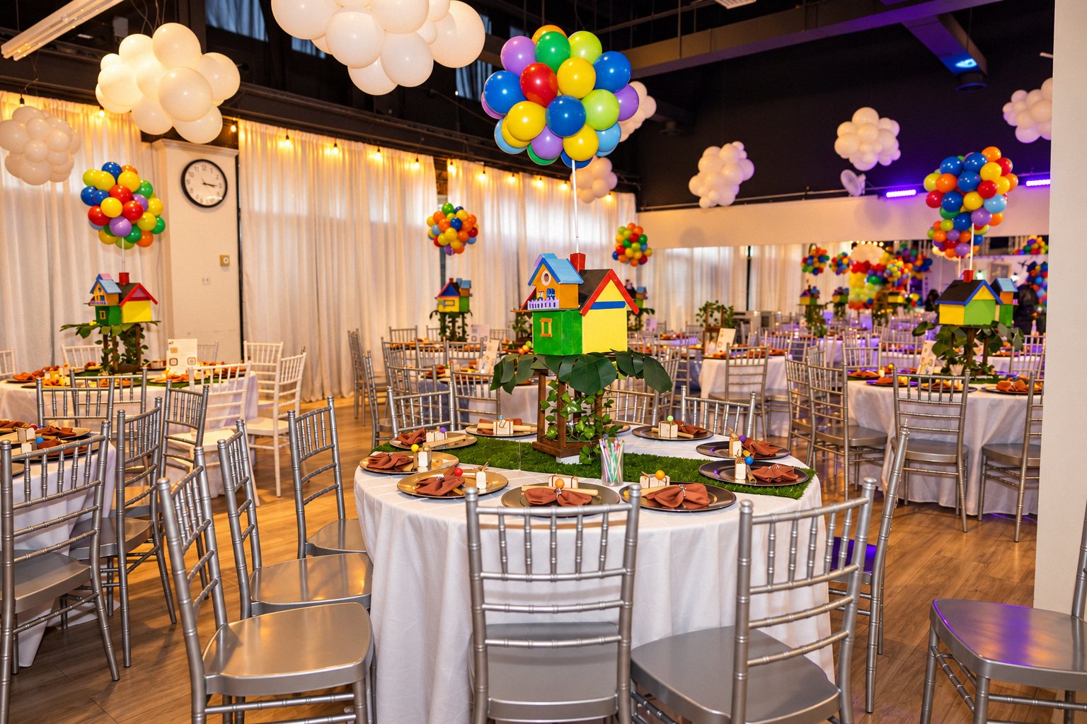 Reception room with balloon house centerpieces