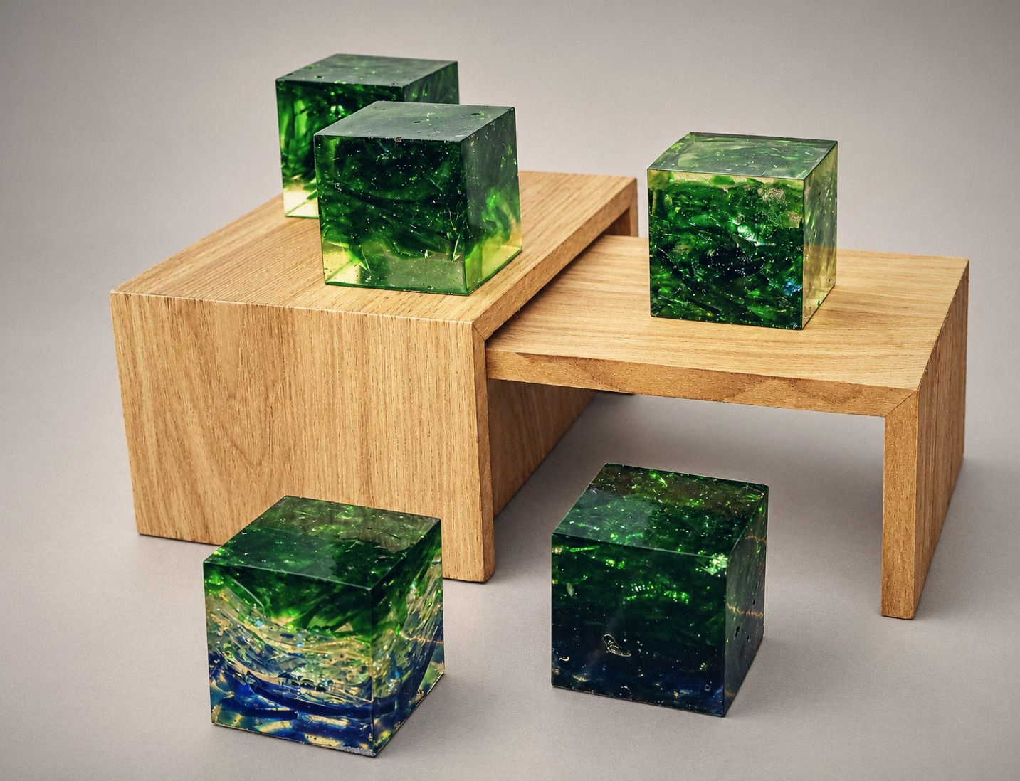 Green resin cubes arranged on oak risers
