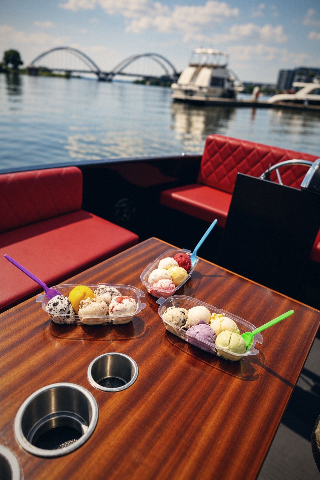 Ice cream scoops on a boat table with the water and a bridge behind